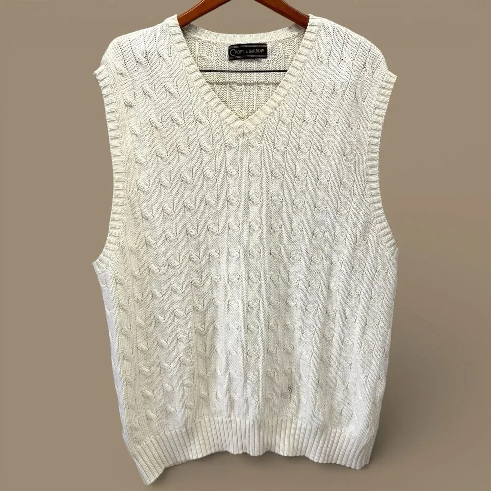 Mens Cable Knit Sweater Vest XL Ivory V Neck Pullover Knit Cotton Prep Academia